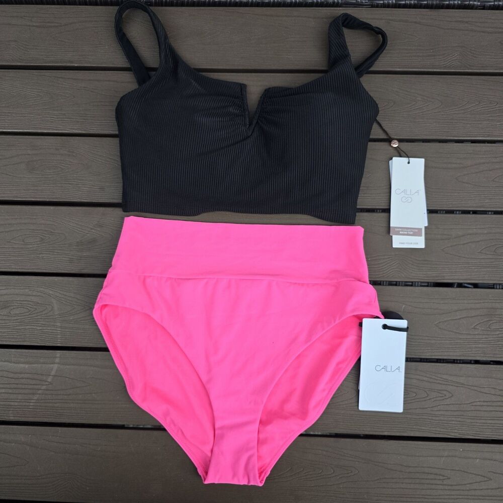 CALIA Women's Black Ribbed Top & Pink Wide Band High Leg Bikini Sz M New